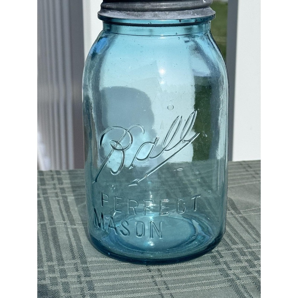 Antique Ball Perfect Mason Aqua Glass Quart Jar Zinc Porcelain Lid 1913-1914 104